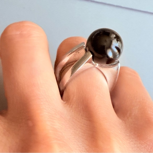 Modernist Black Onyx Sphere Ball Sterling Silver Ring TD Designer - Picture 12 of 15